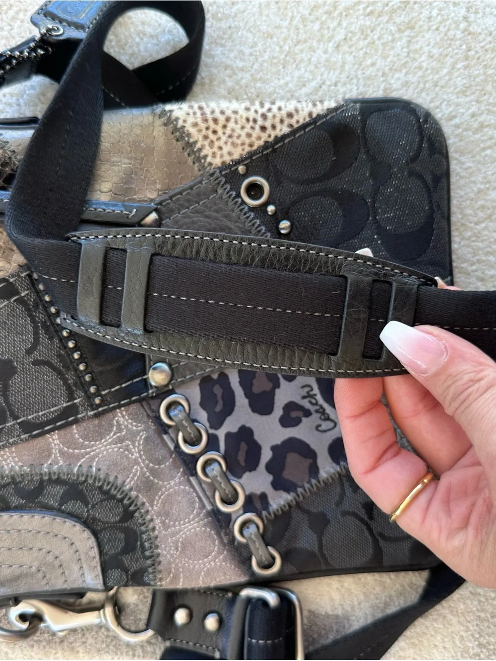 Coach Patchwork Signature & Leopard Wristlet in Black and Gray Y2K